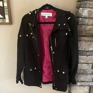 Trina Turk Black Utility Jacket with Pink Lining and Gold Hardware